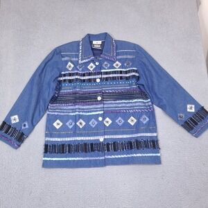 Yak Magik Denim‎ Jacket Womens XL Blue Geometric Boho Shacket Embellished